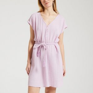 Korte jurk in tetra met strikceintuur ROSALY DES PETITS HAUTS. Katoen materiaal. Maten 0(XS). Roze kleur
