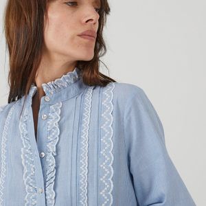 Gestreepte romantische blouse, Signature EUGENIE LA REDOUTE COLLECTIONS. Katoen materiaal. Maten 34 FR - 32 EU. Blauw kleur