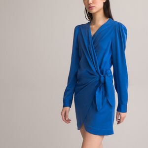 Korte jurk, wikkel model, lange mouwen LA REDOUTE COLLECTIONS. Viscose materiaal. Maten 46 FR - 44 EU. Blauw kleur
