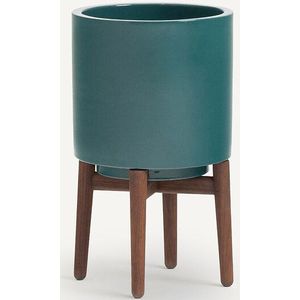 Florian AM.PM - Bloempot Op Poot - Pauwblauw - Keramiek - Notenhout