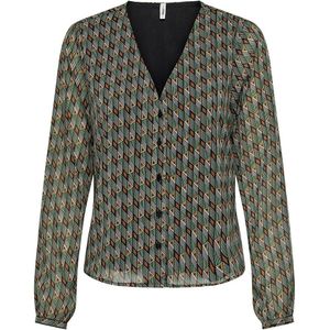 ONLY - Bedrukte Blouse - Grijs - Polyester - Lange Mouwen - V-hals