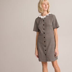 Geruite korte jurk, hals met volant LA REDOUTE COLLECTIONS. Polyester materiaal. Maten 44 FR - 42 EU. Kastanje kleur