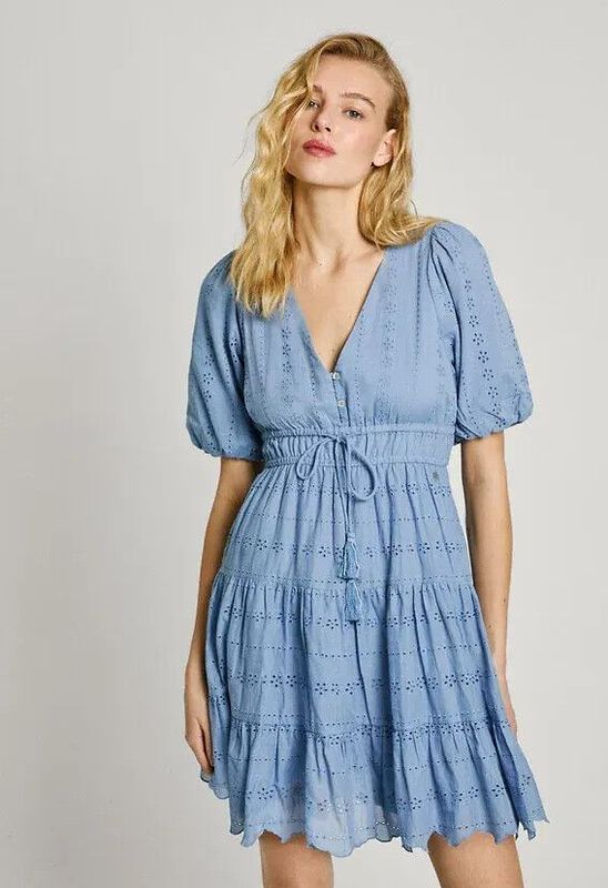 Jurk - Wit - Geborduurd - V-hals - Ballonmouwen