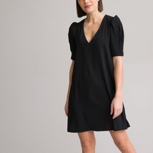 Korte jurk, V-hals, korte mouwen LA REDOUTE COLLECTIONS. Polyester materiaal. Maten 46 FR - 44 EU. Zwart kleur