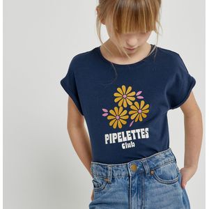 T-shirt met ronde hals, bloemmotief en tekst LA REDOUTE COLLECTIONS. Katoen materiaal. Maten 12 jaar - 150 cm. Blauw kleur