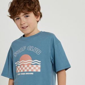 Oversized T-shirt met ronde hals en tekst LA REDOUTE COLLECTIONS. Katoen materiaal. Maten 8 jaar - 126 cm. Blauw kleur