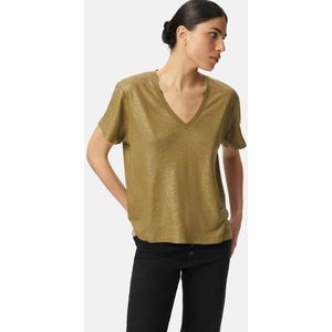 IKKS - T-shirt - Kaki - Iriserend Linnen/Viscose - V-hals - Korte Mouwen
