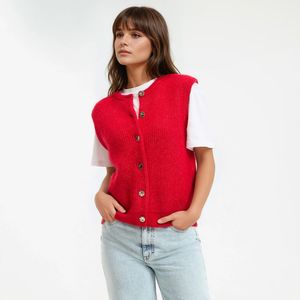 LA REDOUTE COLLECTIONS - Vest - Rood - Knoopsluiting - Ronde Hals - Grof Tricot