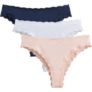 LA REDOUTE COLLECTIONS - Set van 3 Tanga's - Katoen/Kant - Wit/Blauw/Roze
