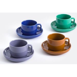 Vetori - Set van 4 Aardewerken Kop en Schotels - Multicolor - Zandsteen Materiaal