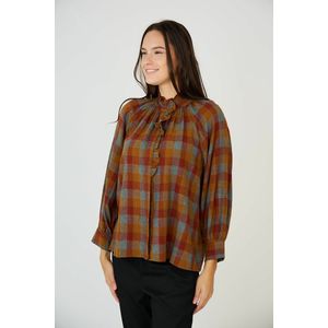 Geruite blouse met maokraag SEE U SOON. Katoen materiaal. Maten 2(M). Oranje kleur