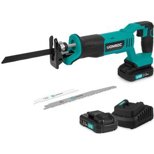 VONROC Accu Reciprozaag 20V - Incl. 3 Zaagbladen - Incl. 2x 2.0Ah Accu’s en snellader
