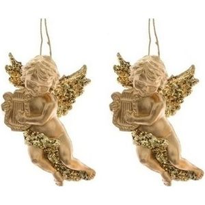 2x Kerst hangdecoratie gouden engeltjes met harp muziekinstrument 10 cm