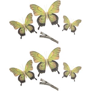 6x stuks decoratie vlinders op clip - geel - 3 formaten - 12/16/20 cm