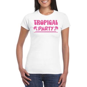 Bellatio Decorations Tropical party T-shirt dames - met glitters - wit/roze - carnaval/themafeest