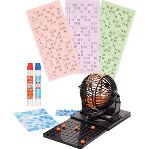 Bingospel zwart/oranje 1-90 met bingomolen, 148 bingokaarten en 2 bingostiften