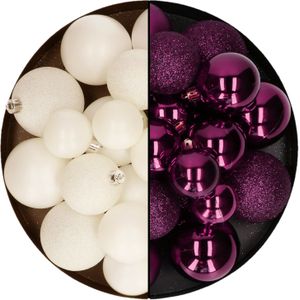 Kerstballen 60x stuks - mix wol wit/paars - 4-5-6 cm - kunststof