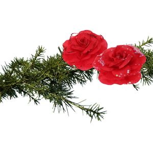 2x stuks kerstboom decoratie bloemen rozen rood op clip 9 cm