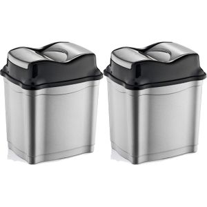 2x stuks zilver/zwarte kunststof vuilnisbakken 9 liter voor op kantoor