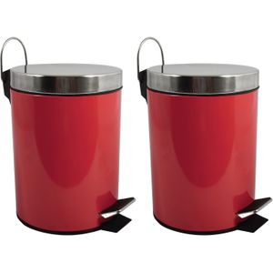 MSV Prullenbak/pedaalemmer - 2x - metaal - rood - 5 liter - 20 x 28 cm - Badkamer/toilet