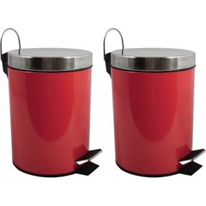 MSV Prullenbak/pedaalemmer - 2x - metaal - rood - 5L - 20 x 28 cm - Badkamer/toilet