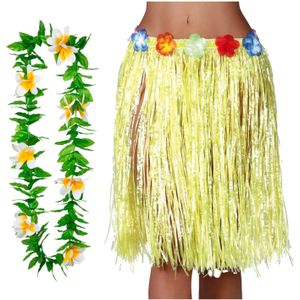 Hawaii verkleed rokje en bloemenkrans - volwassenen - geel - tropisch themafeest - hoela