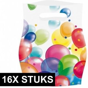 16x Feestelijke uitdeel zakjes met ballonnen opdruk plastic 16x23cm
