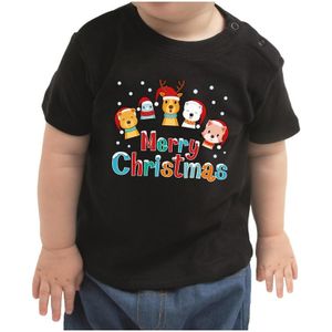 Baby kerst shirt dierenvriendjes Merry Christmas voor meisje / jongen zwart