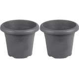 2x Rond grijs plantenbakje/bloemenbakje/bloempotje Flori 16 cm kunststof/plastic