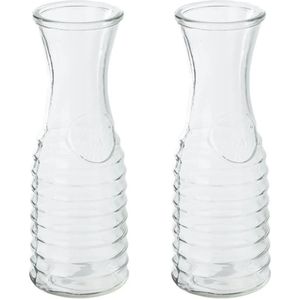 2x stuks karaffen/schenkkannen 1 liter van ribbel glas met uitlopende hals - Waterkannen - Sapkannen