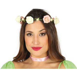 Fiestas Verkleed haarband met bloemen en lampjes - roze - meisjes/dames - Flower Power