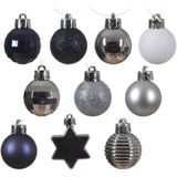 30x stuks kleine kunststof kerstballen donkerblauw/wit/zilver 3 cm