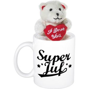 Juffendag cadeau Super juf beker / mok 300 ml met beige knuffelbeertje met love hartje - Bedankt Juf cadeautje
