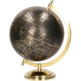 Decoratie wereldbol/globe goud/zwart op metalen voet 22 x 27 cm