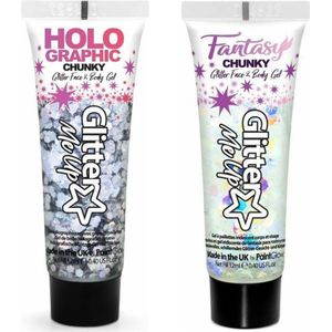 Paintglow Chunky Glittergel voor lichaam en gezicht - 2 tubes - zilver en parelmoer - 12 ml