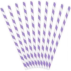 50x stuks gestreepte rietjes van papier lila paars/wit