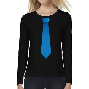 Zwart long sleeve t-shirt zwart met blauwe stropdas bedrukking dames