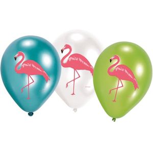 12x Flamingo feest ballonnen blauw/groen/wit