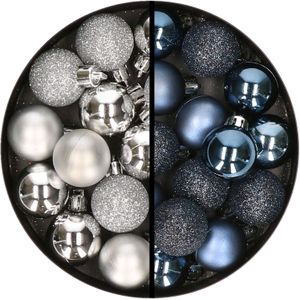 34x stuks kunststof kerstballen zilver en donkerblauw 3 cm