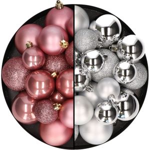 Kerstballen 60x stuks - mix oudroze/zilver - 4-5-6 cm - kunststof