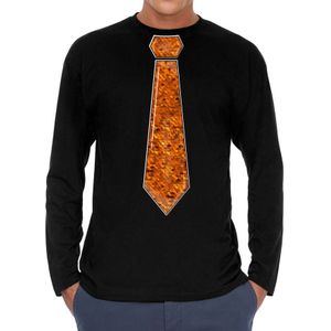Bellatio Decorations Verkleed shirt heren - stropdas paillet oranje - zwart - carnaval - longsleeve