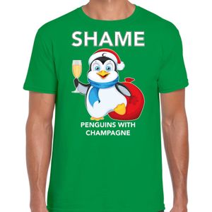 Groen  Kerst shirt/ Kerstkleding met pinguin Shame penguins with champagne voor heren
