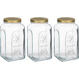 Pasabahce Voorraadpot/bewaarpot Square - 3x - glas - 3L - transparant/goud - D13 x H25 cm - voedsel bewaren