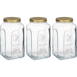 Pasabahce Voorraadpot/bewaarpot Square - 3x - glas - 3L - transparant/goud - D13 x H25 cm - voedsel bewaren