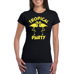 Bellatio Decorations Tropical party T-shirt dames - met glitters - zwart/geel - carnaval/themafeest