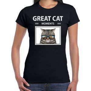 Grijze kat foto t-shirt zwart voor dames - great cat moments cadeau shirt katten liefhebber