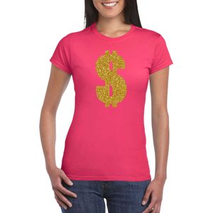 Verkleedkleding gangster / gouden dollar t-shirt roze voor dames