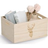 Zeller Opberg box/kist - naturel - hout - gestempeld hertenmotief - 35 x 25 x 18 cm - speelgoed opbergen