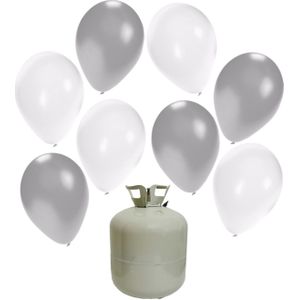 30x Helium ballonnen wit/zilver 27 cm + helium tank/cilinder