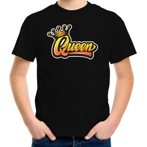 Koningsdag shirt zwart voor kinderen/ meisjes - Queen met kroon